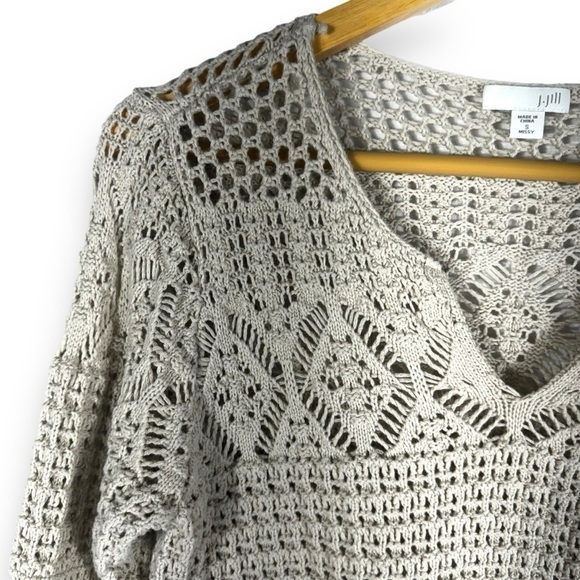 4 for $40 SALE!J Jill Crocheted Split V Neck Fisherman's Sweater, Cream, Size S - Picture 3 of 9